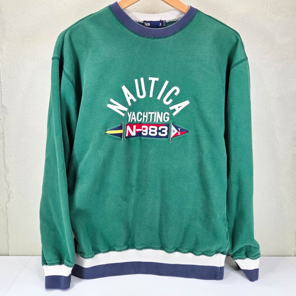 Vintage 90s Nautica Yachting Embroidered Green Crewneck Sweatshirt Mens Sz XL